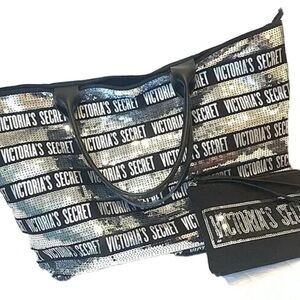 NWT Victoria’s Secret Black & Silver Logo Sequins Bling Tote Bag & Wristlet
